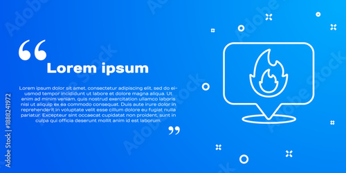 White line Map pointer with fire flame icon isolated on blue background. Fire nearby. Vector