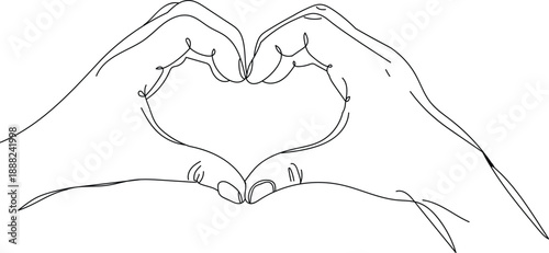 A sketch of two hands forming a heart shape with their fingers on a white background