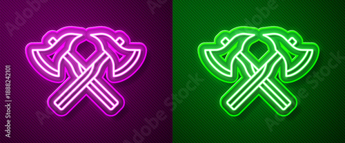 Glowing neon line Firefighter axe icon isolated on purple and green background. Fire axe. Vector