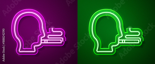 Glowing neon line Man smoking a cigarette icon isolated on purple and green background. Tobacco sign. Vector