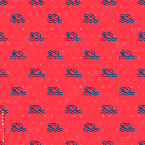 Blue line Flood car icon isolated seamless pattern on red background. Insurance concept. Flood disaster concept. Security, safety, protection, protect concept. Vector
