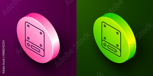 Isometric line Server, Data, Web Hosting icon isolated on purple and green background. Circle button. Vector