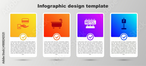Set Digital door lock, Bathtub, Signboard with text Hotel and Parking. Business infographic template. Vector