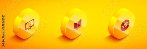 Set Isometric Certificate template, Open book and Square root of x glyph icon. Vector
