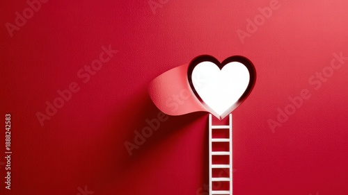 A romantic visual featuring a vibrant textured red background with a heart shaped opening revealing a bright white space and a tiny white ladder leading towards the heart representing love a