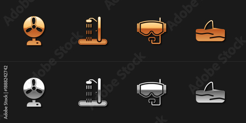 Set Electric fan, Beach shower, Diving mask and Shark fin ocean wave icon. Vector