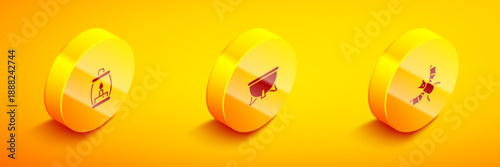 Set Isometric Camping lantern, Halloween witch cauldron and Flying bat icon. Vector