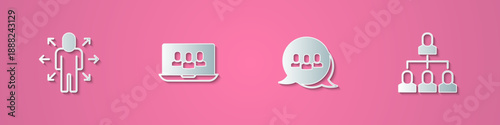 Set paper cut Multitasking manager working, Project team base, and Employee hierarchy icon. Paper art style. Vector