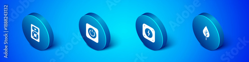 Set Isometric Music player, Lightning bolt, Leaf Eco symbol and Power button icon. Vector