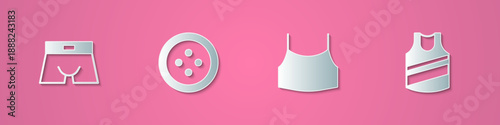 Set paper cut Men underpants, Sewing button for clothes, Female crop top and Undershirt icon. Paper art style. Vector