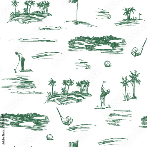 Golf sketch seamless pattern. Sports tools vector illustration. Hand drawn vintage style, isolated