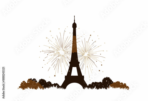 Silhouette of Iconic Tower with Vibrant Fireworks Display against Elegant Night Sky in a Stunning Festive Urban Celebration Scene