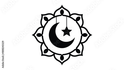 Symbol of crescent moon and star isolated on white background, Vector