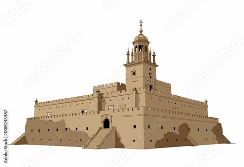 Illustration of a Historic Fortress with Tower and Defensive Walls on a White Background