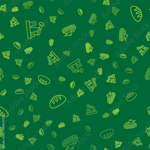 Set line Oil pump or pump jack, Bread loaf and Military tank on seamless pattern. Vector