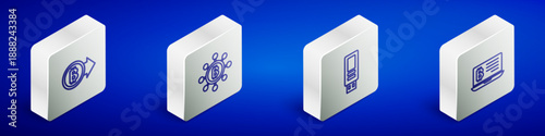 Set Isometric line Bitcoin, Blockchain technology, USB flash drive and Mining bitcoin from laptop icon. Vector