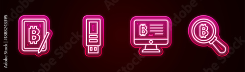 Set line Mining bitcoin from tablet, USB flash drive, monitor and Magnifying glass with Bitcoin. Glowing neon icon. Vector