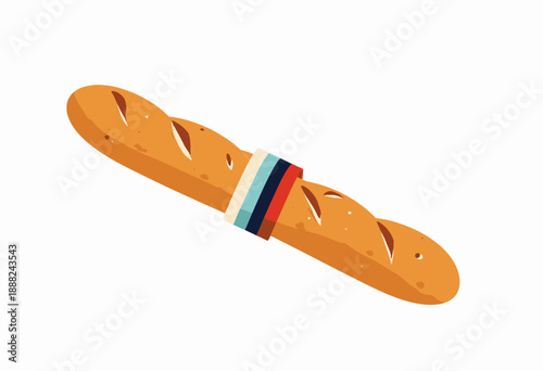 Illustration of a classic French baguette wrapped in colored ribbon on a plain background symbolizing traditional bakery and culinary culture
