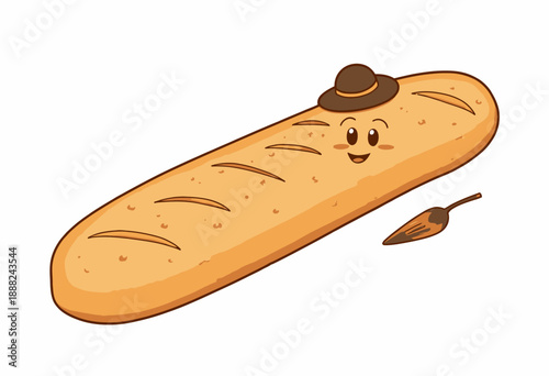 Charming Cartoon Baguette Character Wearing a Bowler Hat with a Smiling Face and a Fork Beside It on a Light Background