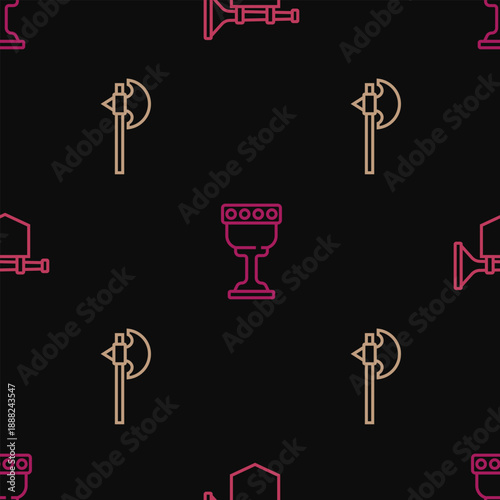 Set line Trumpet with flag, Medieval axe and goblet on seamless pattern. Vector