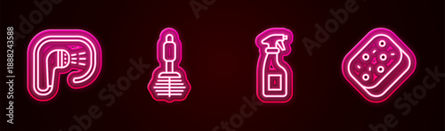 Set line Shower, Toilet brush, Cleaning spray bottle and Sponge. Glowing neon icon. Vector