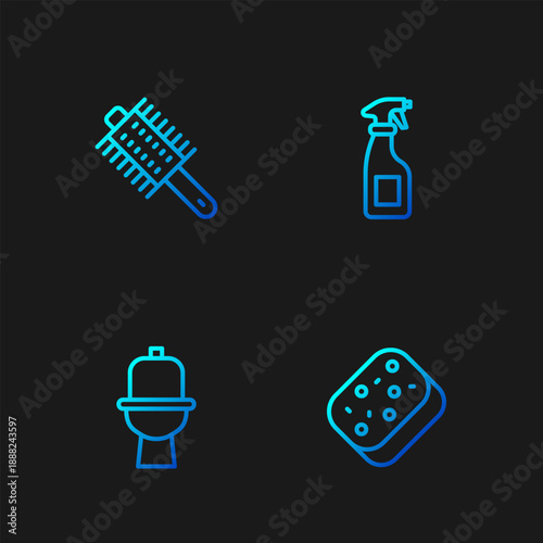 Set line Sponge, Toilet bowl, Hairbrush and Cleaning spray bottle. Gradient color icons. Vector