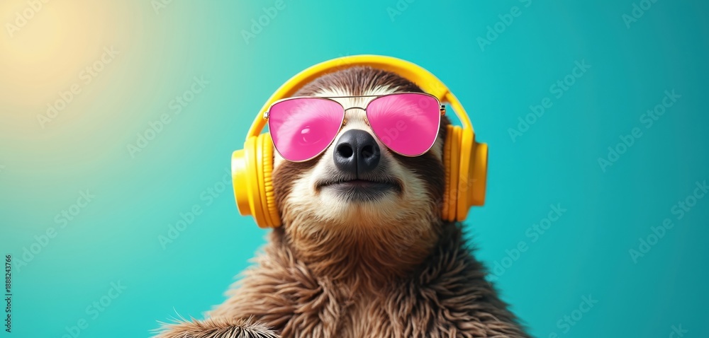 Fototapeta premium Sloth wearing sunglasses and headphones on a bright turquoise background. This animal enjoys music and summer vibes. Perfect for concepts like relaxation, chill, or podcast.
