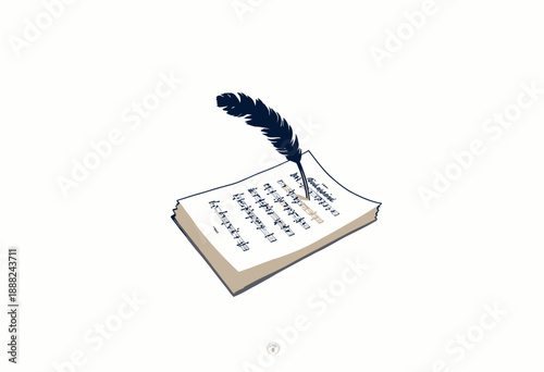 Illustration of Quill Pen Resting on Vintage Musical Manuscript with Classical Music Notes and Symbols