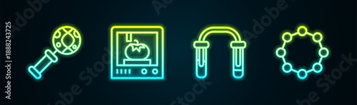 Set line DNA research, search, 3D printing technology, Test tube and flask and Chemical formula. Glowing neon icon. Vector