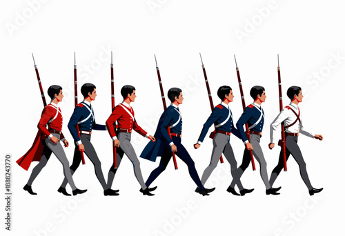 Illustration of Soldiers Marching in Formation Wearing Historical Uniforms Carrying Rifles