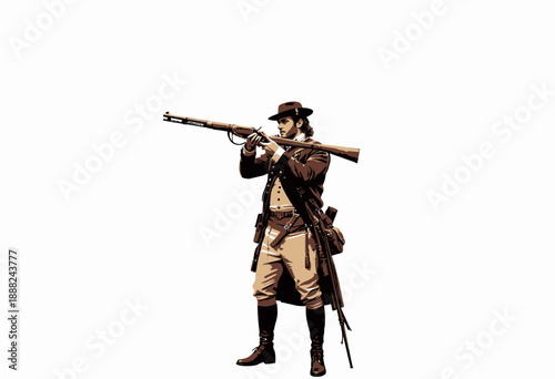 Historical Reenactment of 18th Century Soldier in Authentic Period Costume with Musket Aim