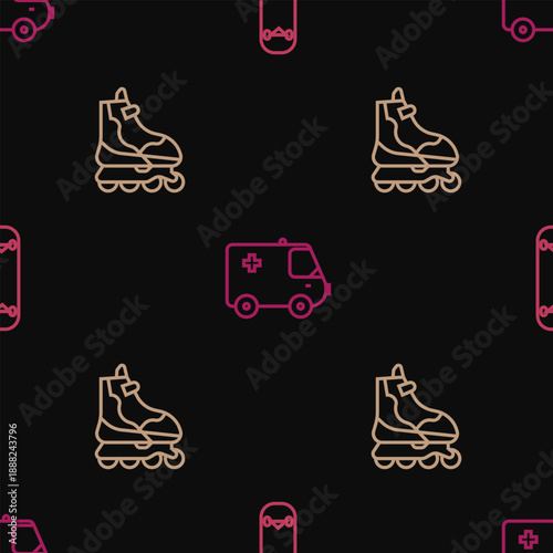 Set line Skateboard trick, Roller skate and Ambulance and emergency car on seamless pattern. Vector