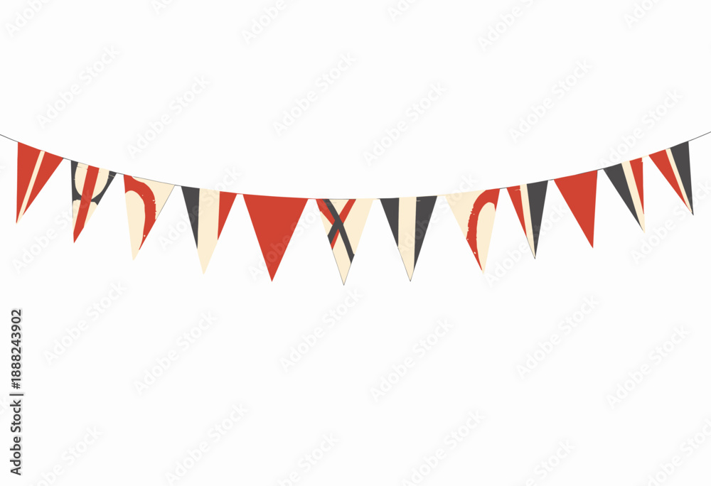 Obraz premium String of Colorful Triangular Banners with Red, Black and Beige Patches Creating Festive and Cheerful Decoration Theme on White Background