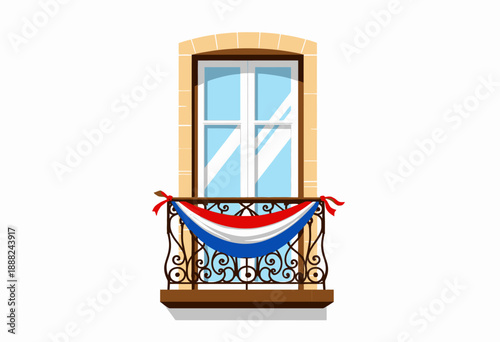 Elegant Balcony Adorned with Patriotic Tricolor Bunting Set Against Bright Pastel Exterior with Intricate Ironwork Design and Reflective Glass Windows