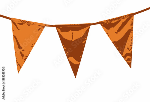 Colorful Triangular Fabric Pennants in Orange, Yellow, and Red Hanging on a String, Creating a Festive Outdoor or Indoor Decoration Atmosphere