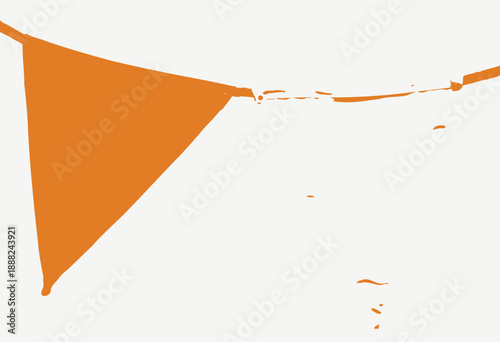 Brightly colored triangular fabric flags of orange and white hanging on a thin rope against a plain background