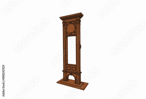 Detailed wooden guillotine model featuring intricate carvings and a sturdy frame representing historical execution mechanisms