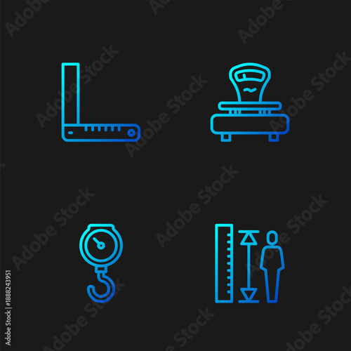 Set line Measuring height body, Hand scale spring mechanical, Corner ruler and Scales. Gradient color icons. Vector