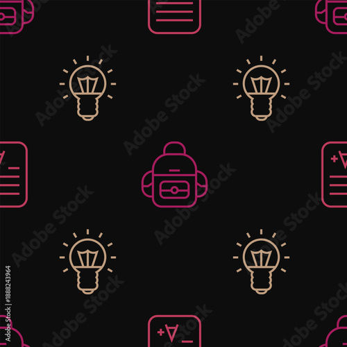 Set line Exam sheet with A plus grade, Light bulb and School backpack on seamless pattern. Vector