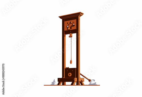 Illustration of a Historical Guillotine with Mechanical Details and Wooden Structure Depicted in a Minimalist Style