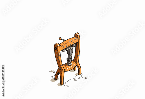Illustration of a Vintage Mechanical Press with Wooden Frame and Metal Components Set on a White Background