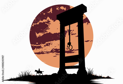 Dramatic Silhouette of a Guillotine Under a Vibrant Sunset with Horseman in Distant Landscape Embodying Historical Atmosphere and Symbolic Imagery