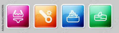 Set line Swimsuit, Meteorology thermometer, Cruise ship and Shark fin in ocean wave. Colorful square button. Vector