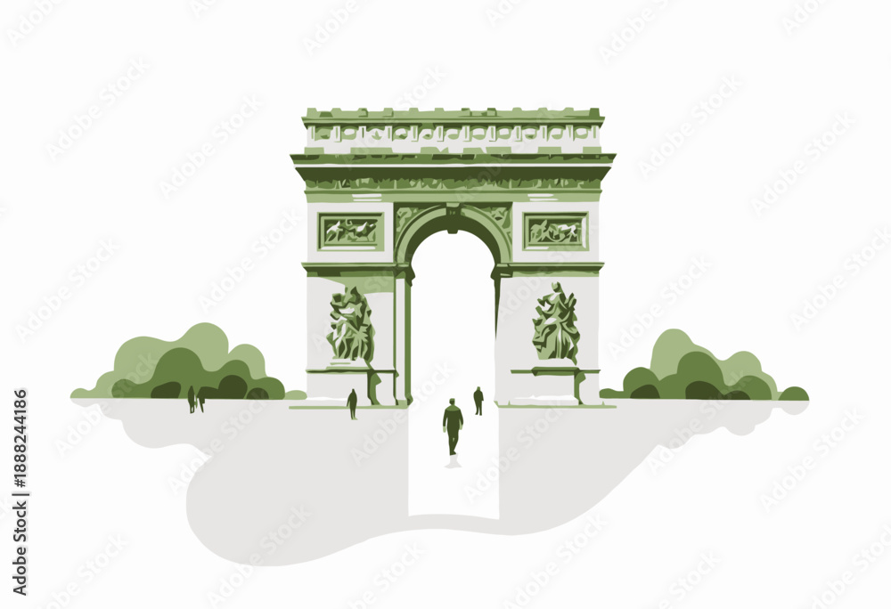 Fototapeta premium Majestic Stone Arch Monument with Decorative Sculptures Surrounded by Greenery and Visitors on a Clear Day