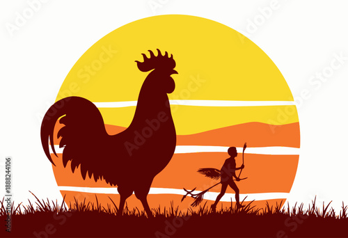 Silhouette of Enormous Rooster and Primitive Human Against Vibrant Sunset Backdrop in a Grassy Landscape
