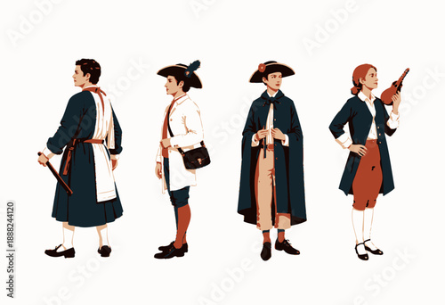 Historical Fashion: Diverse 18th Century Attire Styles Worn by Men and Women in Colorful Traditions and Distinctive Accessories