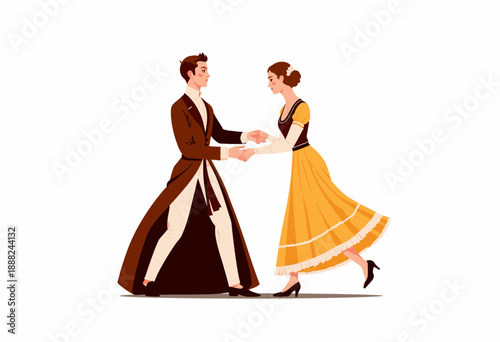 Elegant Couple Performing Traditional Dance in Classic Attire Against Minimalistic Background