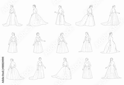 A collection of elegant bridal gown sketches showcasing diverse poses and styles, capturing the timeless beauty and intricate designs of wedding dress artistry