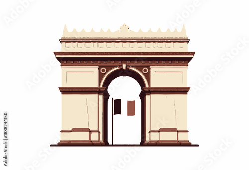 Illustration of a Famous Historical Monument with Triumphal Arch Architecture and a Flag Symbolizing National Heritage and Cultural Significance