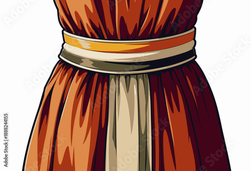 Illustration of Vibrant Orange Garment With Colorful Waistband Featuring Layered Textures and Elegant Draping